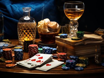 Pile of poker chips on wooden table